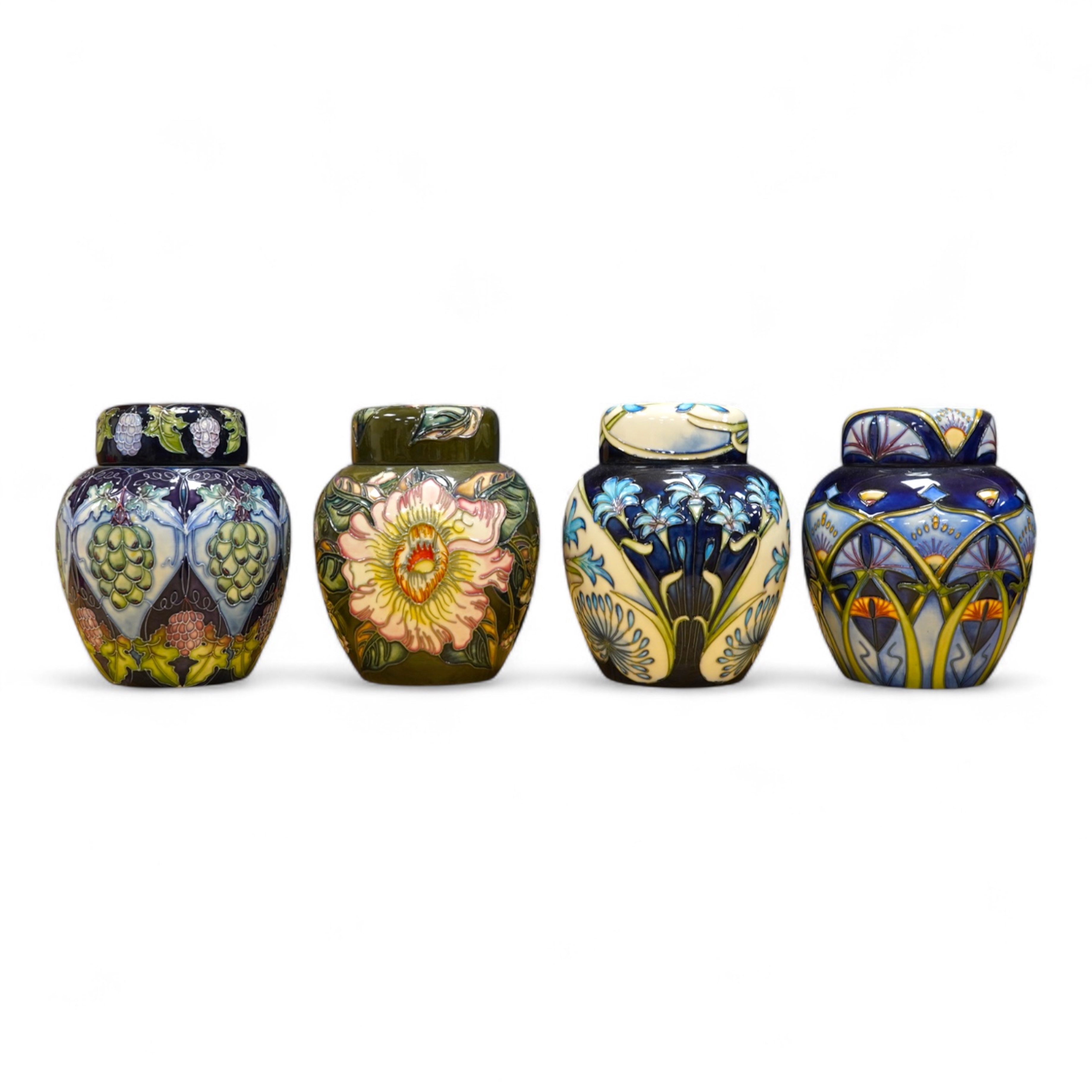 Four Moorcroft ginger jars and covers - ‘Midnight Blue’, ‘Inula’, ‘Sonans’ and ‘Gustav Augusta’ (4) 17cm high